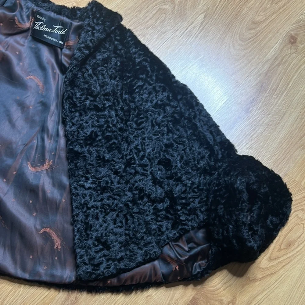 Vintage Sz 4-10 Open Black Persian Lamb Cape Jacket Front Hooks Flowy Back